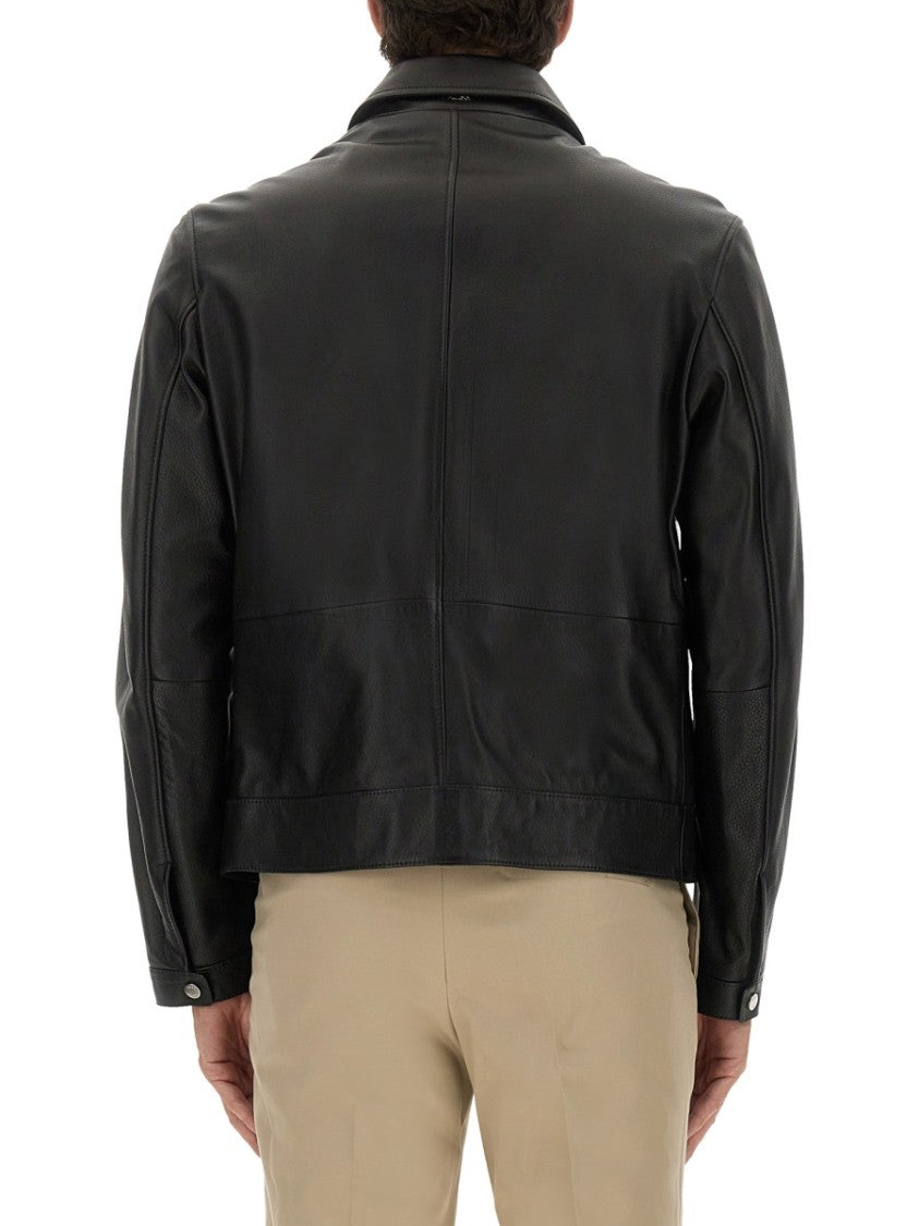 Boss Tailored Black Leather Jacket With Classic Collar And Zip Closure