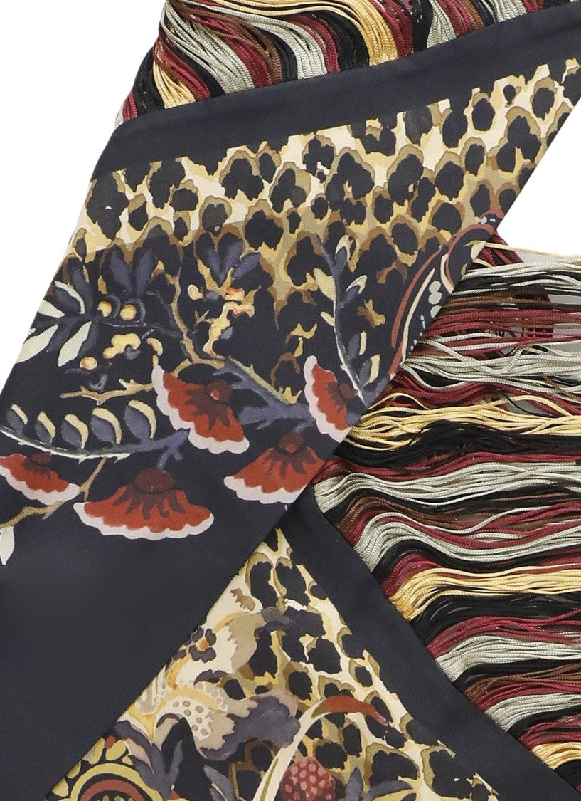 Etro Triangular Silk Scarf With Fantasy Motif And Fringed Edging
