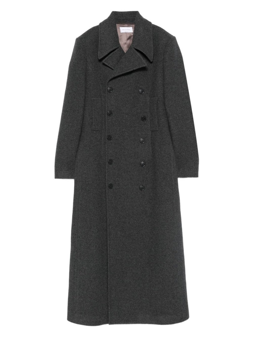 The Nina Studio Long Double-Breasted Coat With Classic Lapels In Grey Wool