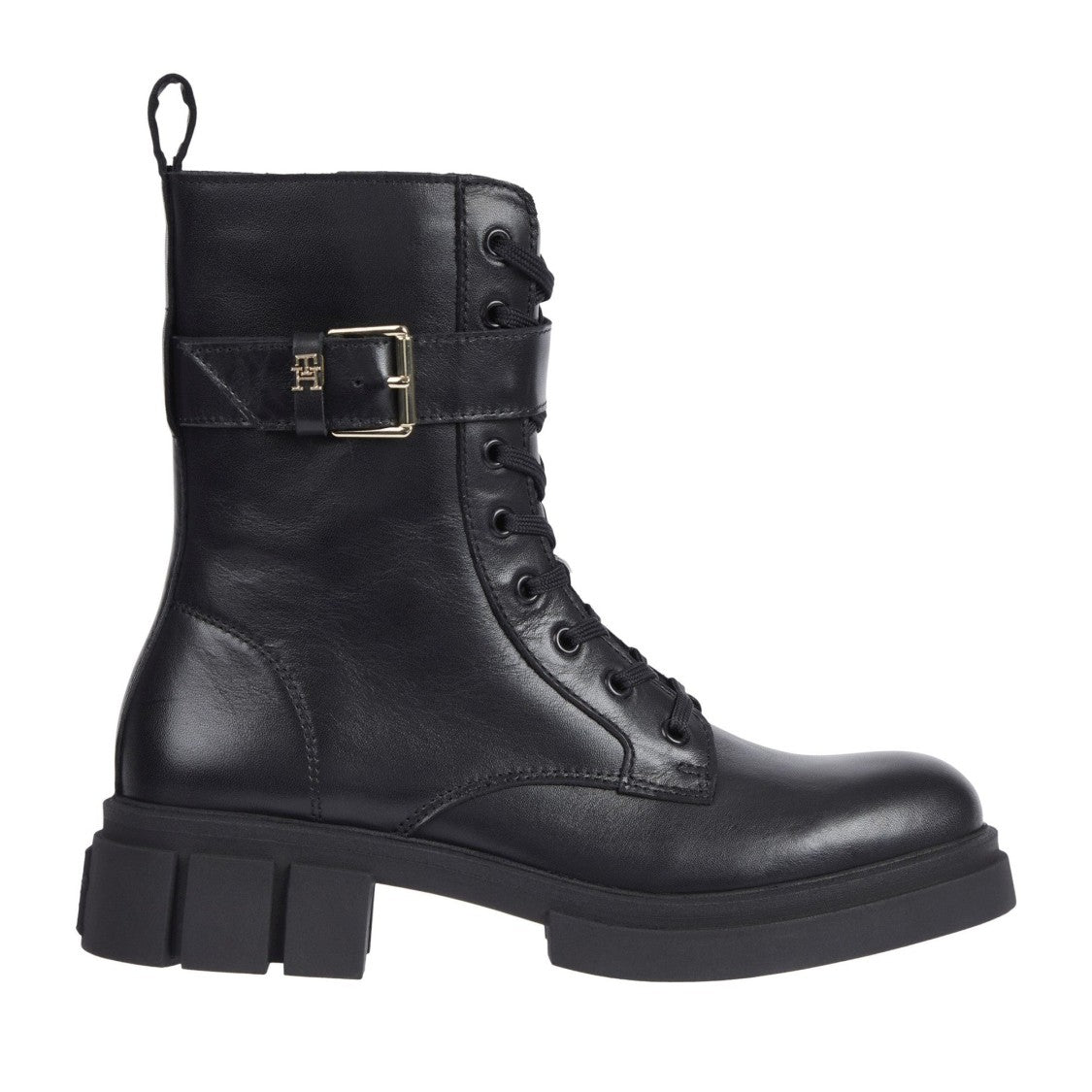 Tommy Hilfiger Black Feminine Lace-Up Buckle Detail Leather Boots