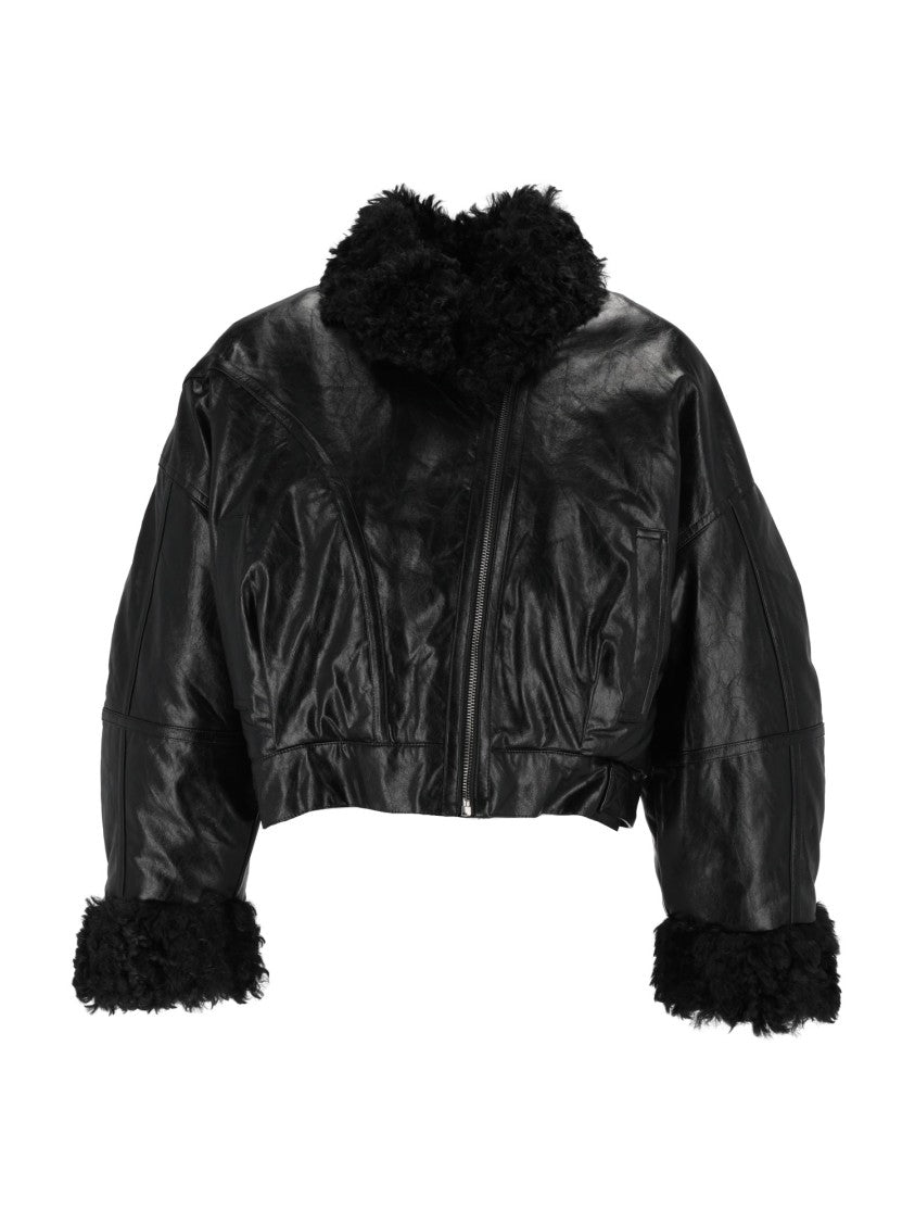 Eleh Black Glossy Cropped Plush Detailed Jacket