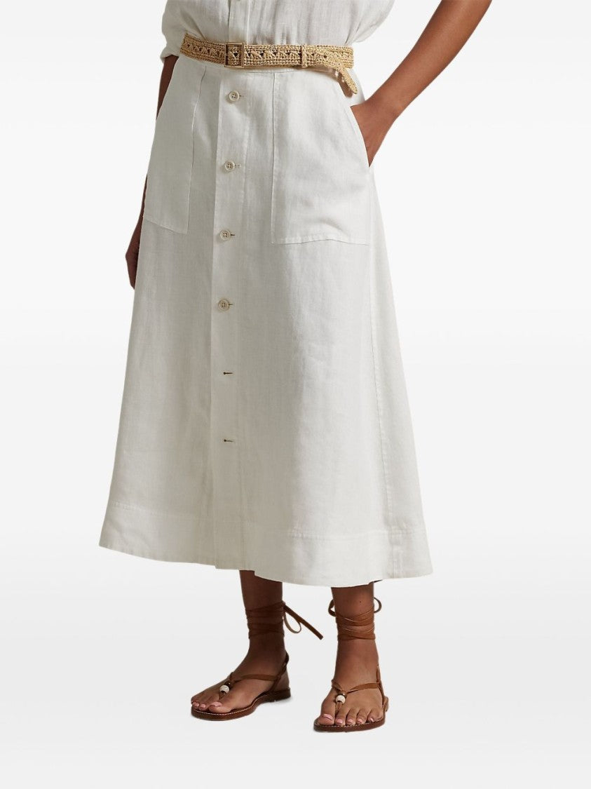 Polo Ralph Lauren Button Front Off-White Linen Maxi Skirt With Waist Tab Detail