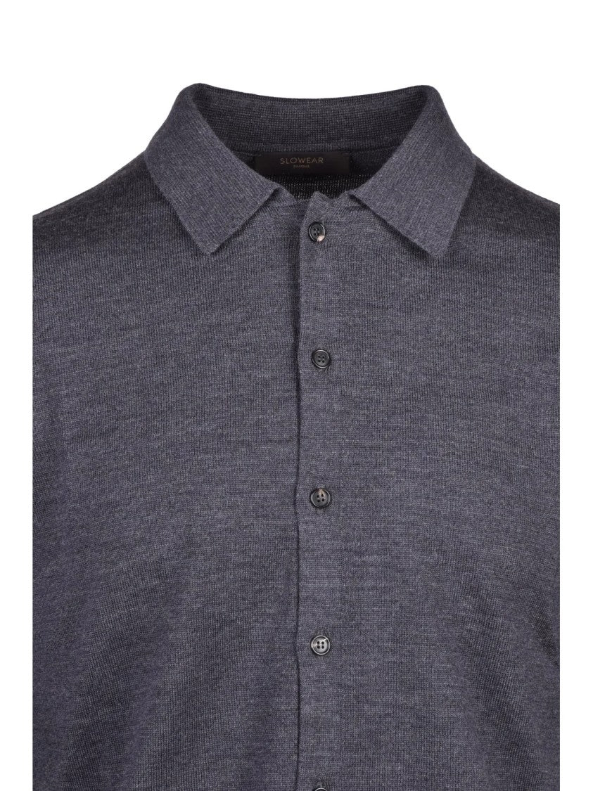 Slowear By Zanone Grey Collared Button-Down Virgin Wool Cardigan