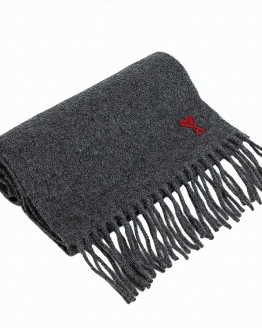 Ami Paris Textured Dark Grey Wool Scarf With Embroidered Logo
