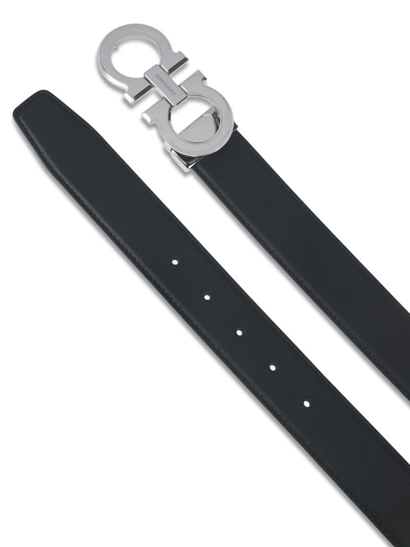 Ferragamo Calf Leather Belt With Polished Silver Buckle And Iconic Logo