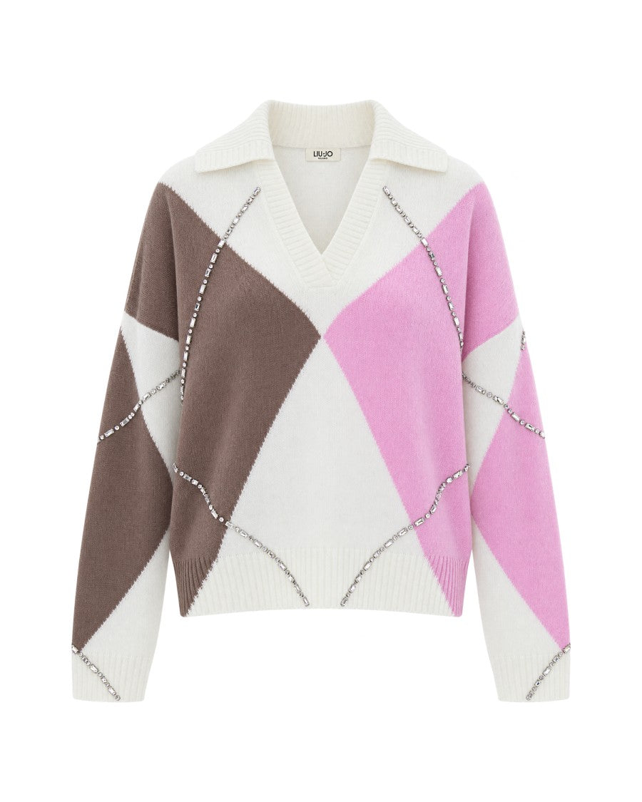 Liu Jo Pink Argyle Rhinestone V-Neck Sweater