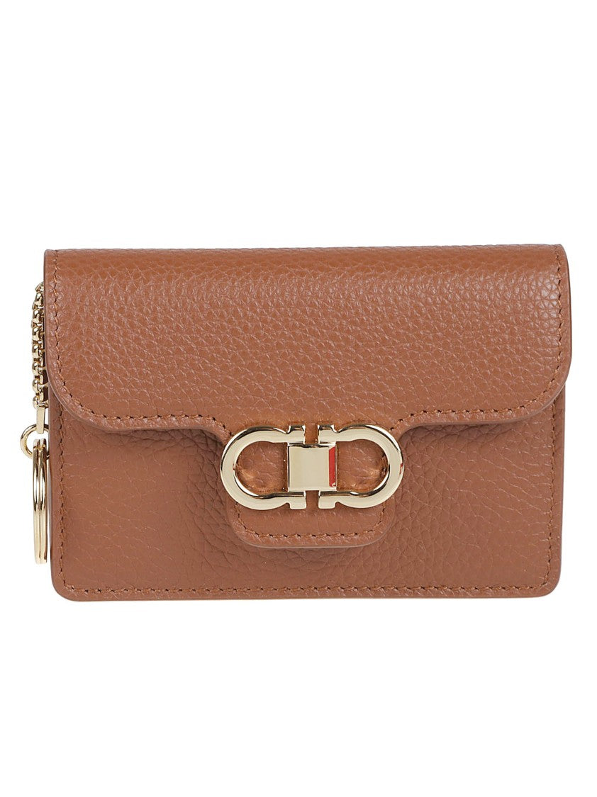 Ferragamo Textured Light Brown Leather Keychain With Gold-Tone Hardware