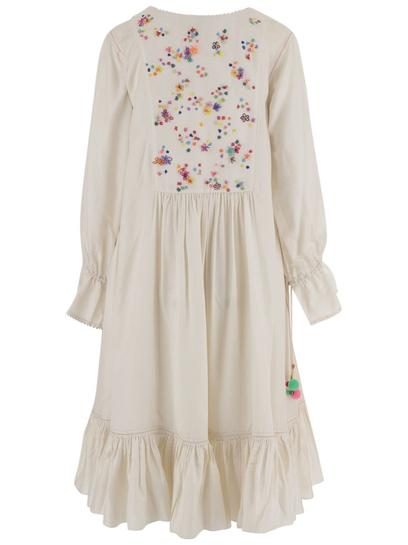 Pero Silk Dress With Embroidered Floral Accents And Flared Hem