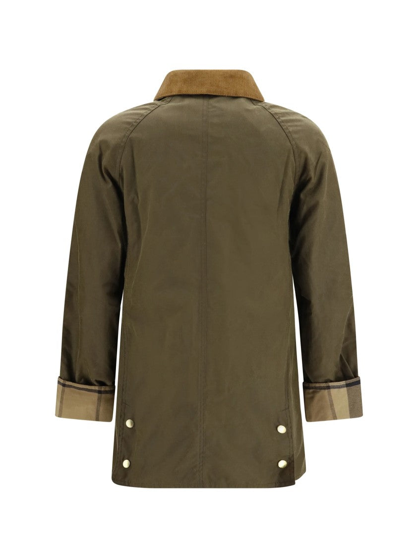 Barbour Beadnell Jacket With Brown Corduroy Collar And Olive Green Body