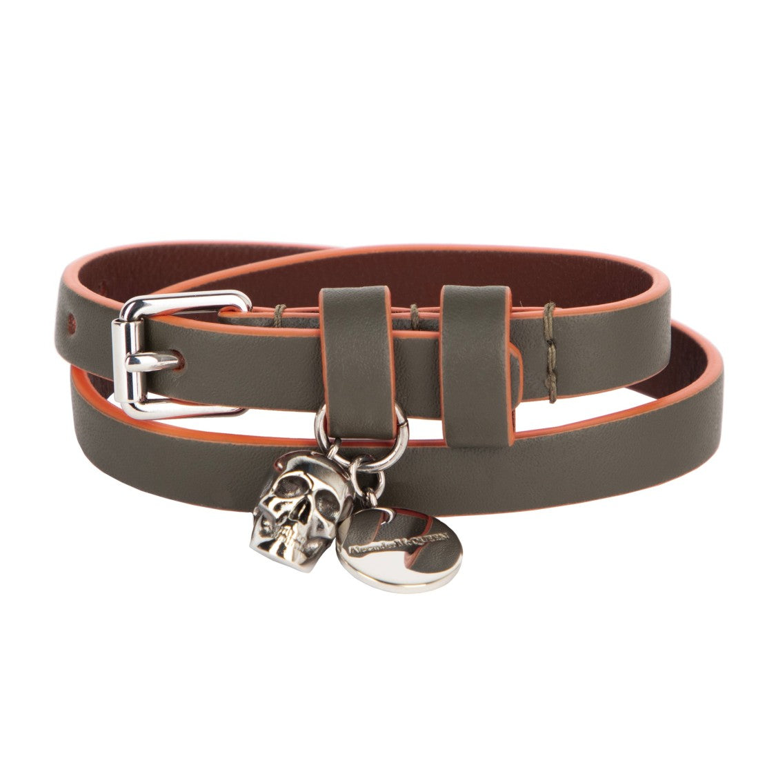 Alexander Mcqueen Graffiti Skull Leather Wrap Bracelet In Green