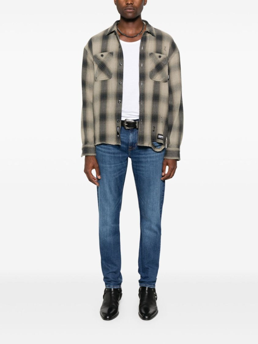 7 For All Mankind Indigo Blue Straight Leg Trousers With Classic Five-Pocket Design And Embroidered Motif