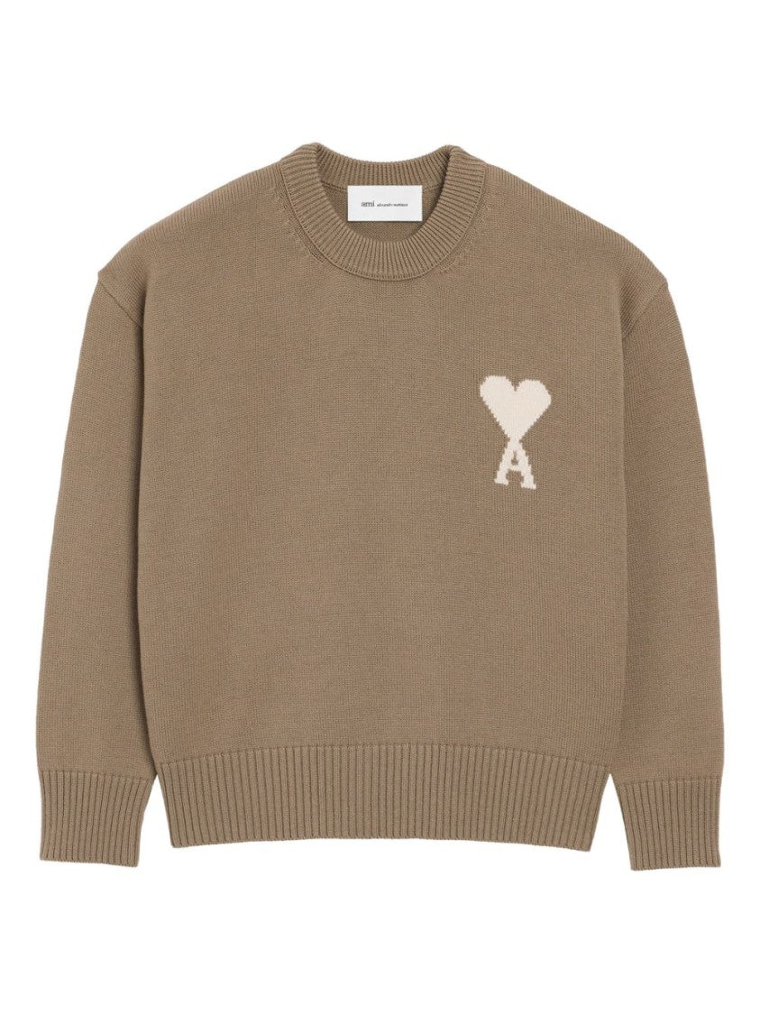 Ami Paris Taupe Beige Intarsia Knit Ribbed Sweater
