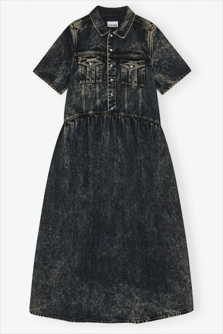 Ganni Washed Black Denim-Like Ganni Midi Dress