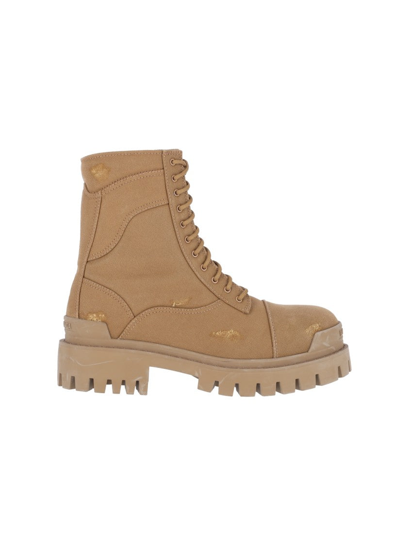 Balenciaga Distressed Cotton Combat Boots With Round Toe