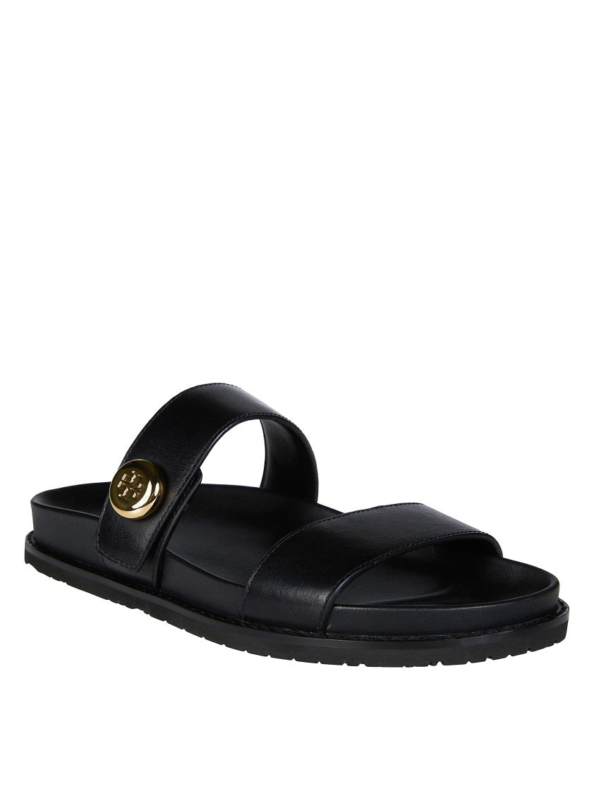 Tory Burch Romy Leather Metallic Emblem Slides