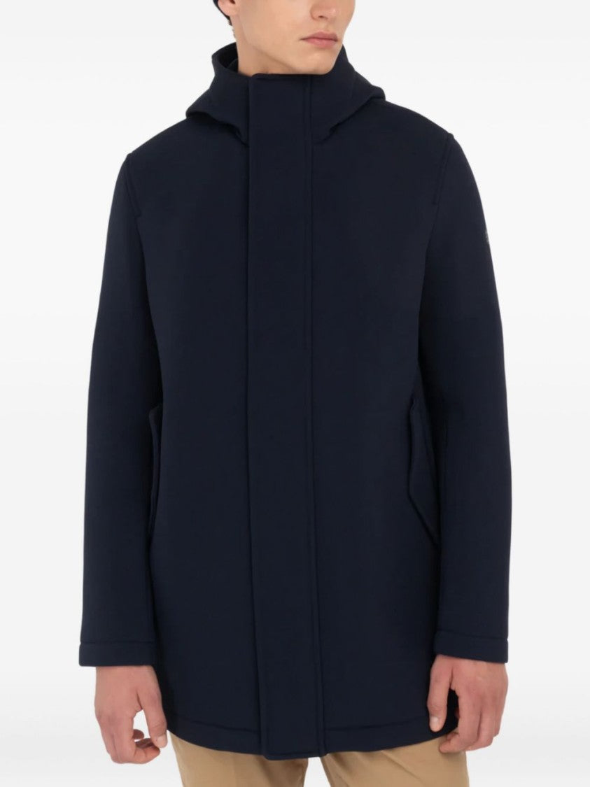 Manuel Ritz Hooded Blue Parka With Concealed Front Zipper And Flap