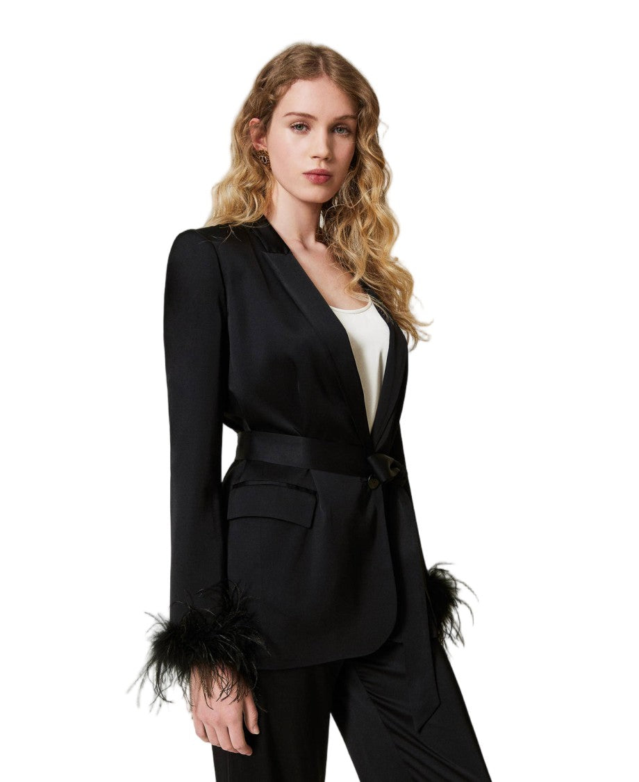 Twin-Set Black Viscose Satin Feather-Trimmed Cuffs Blazer