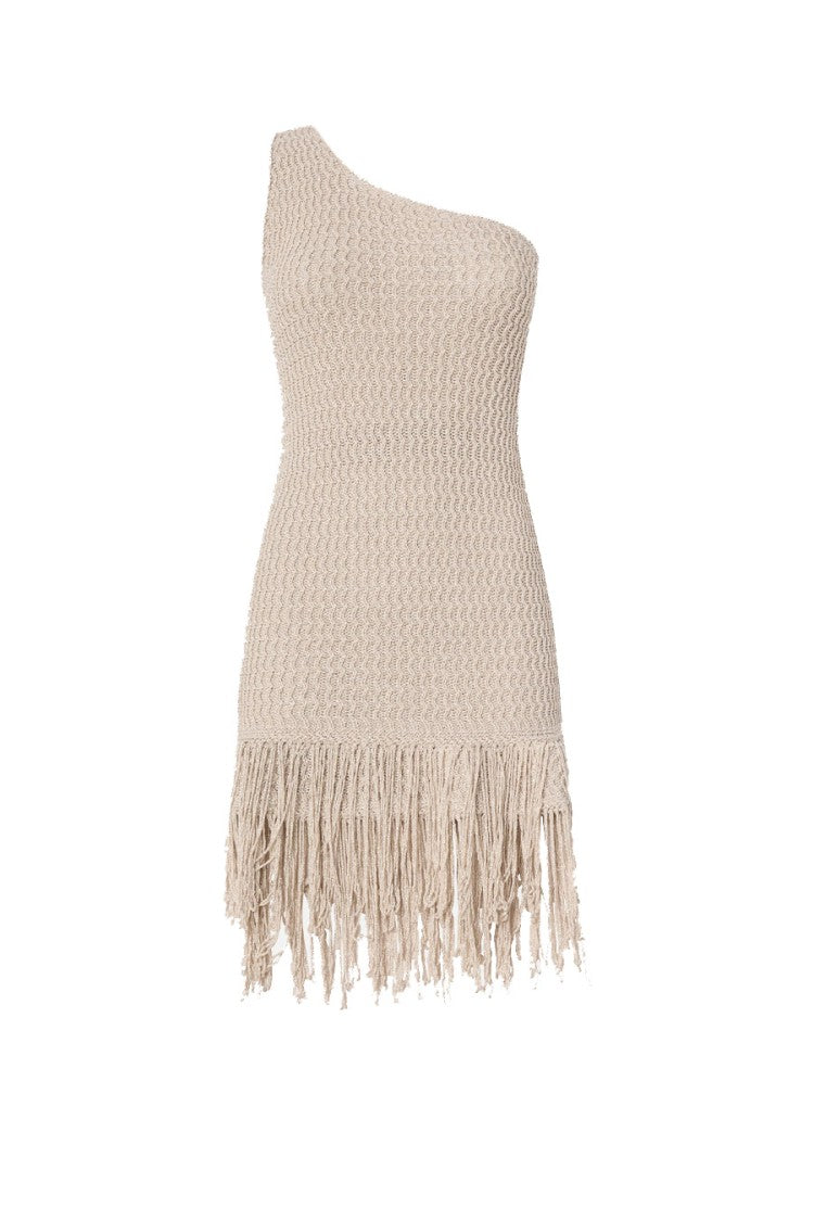 Pinko Grey Juniperos One-Shoulder Fringed Viscose-Blend Mini Dress