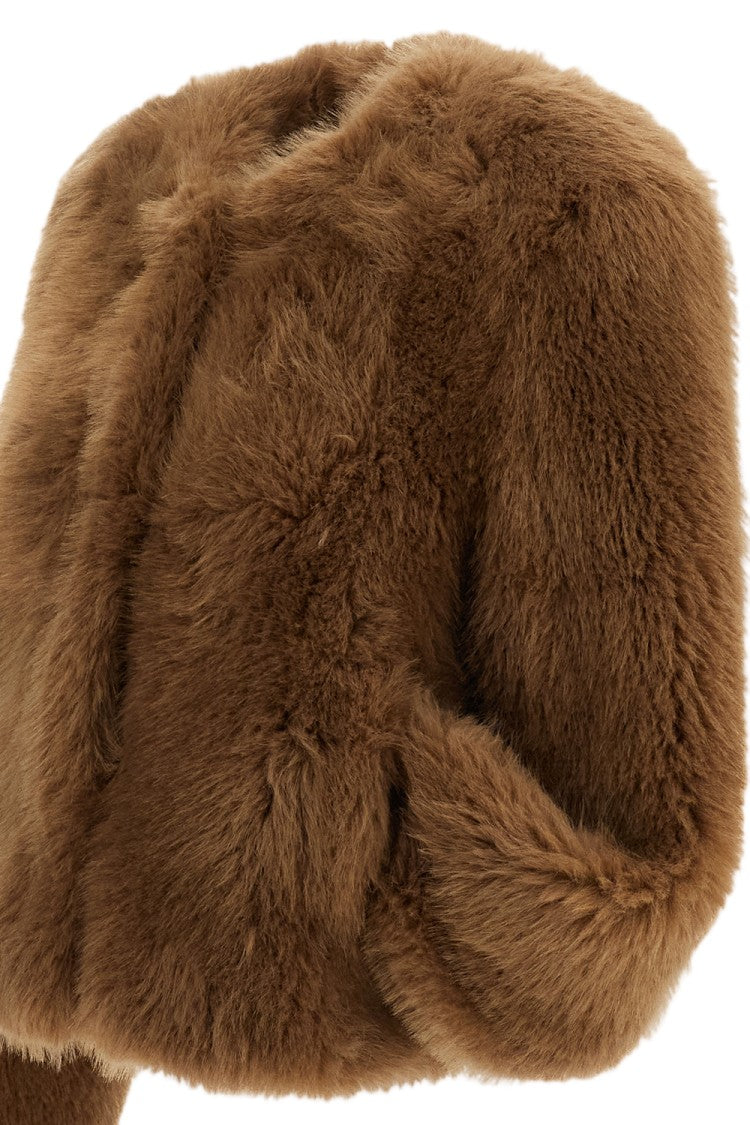 Stand Studio Beige Halle Collarless Boxy Faux Fur Jacket