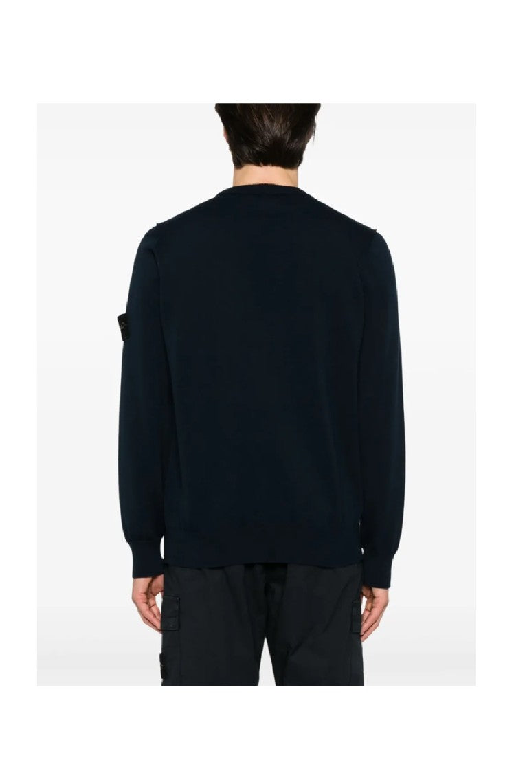 Stone Island Crew Neck Black Sweater With Ribbed Cuffs