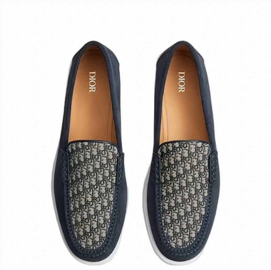 Christian Dior Navy Loafers With Patterned Fabric Panel And Contrasting Sole