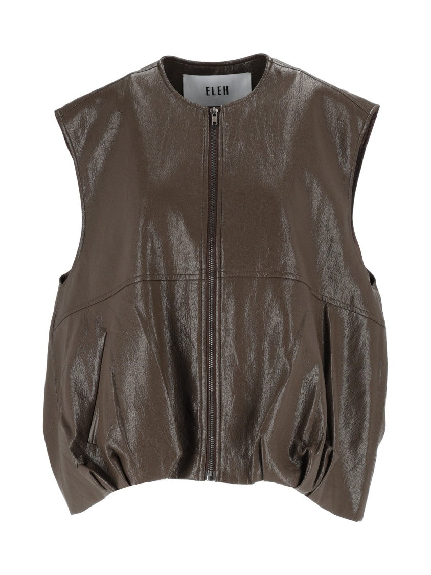 Eleh Mud Brown Glossy Sleeveless Zip-Up Gilet
