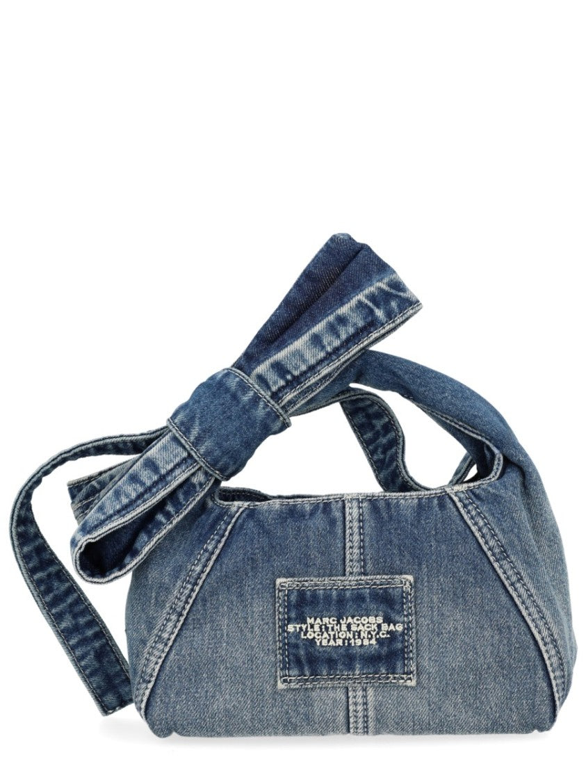 Marc Jacobs Denim Mini Sack Handbag With Bow Detail And Embroidered Accents