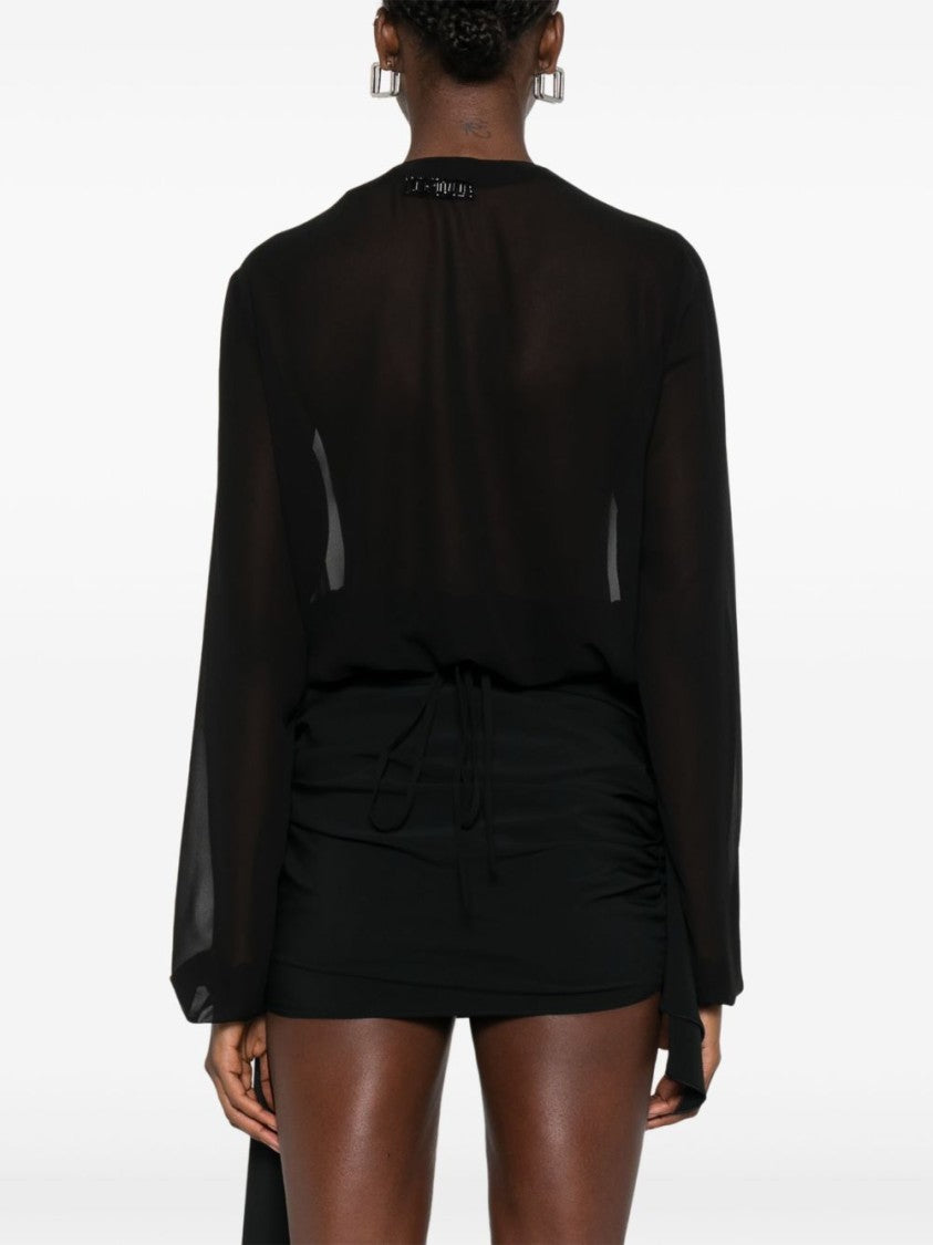 The Attico Sheer Black Blouse With Fringe Detail