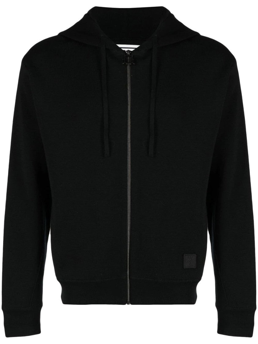 Wooyoungmi Minimalist Black Wool Zip-Up Hoodie With Adjustable Hood