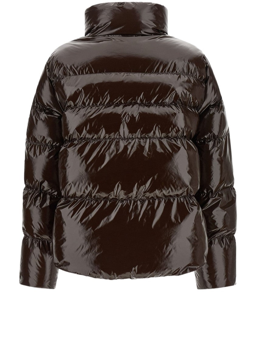 Pinko Dark Brown High Collar Quilted Nylon Down Jacket