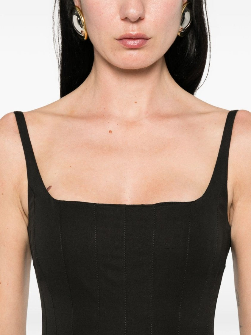 Jacquemus Black Fitted Square-Neck Gathered Midi Dress