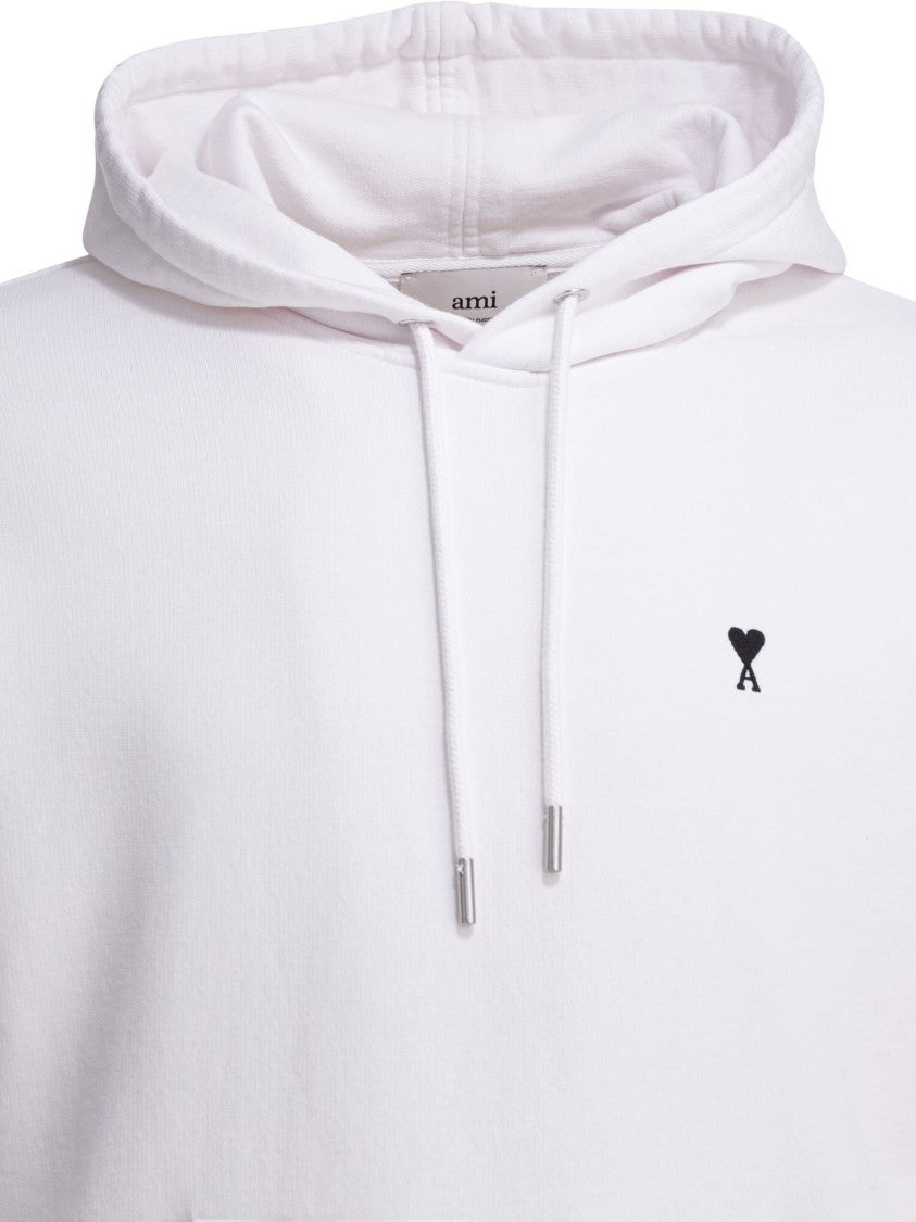 Ami Paris Cotton Hoodie With Adjustable Drawstrings And Embroidered Detail