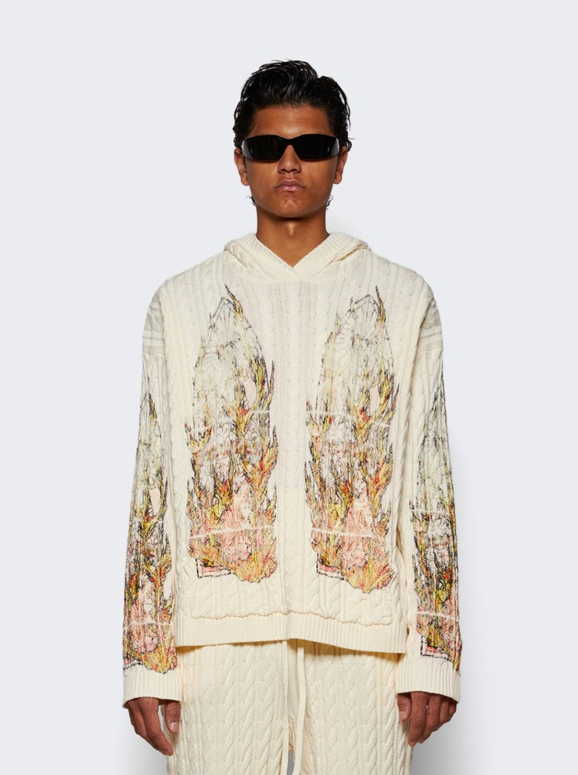 Who Decides War Flame Glass Cable Knit Hooded Pullover - Cream