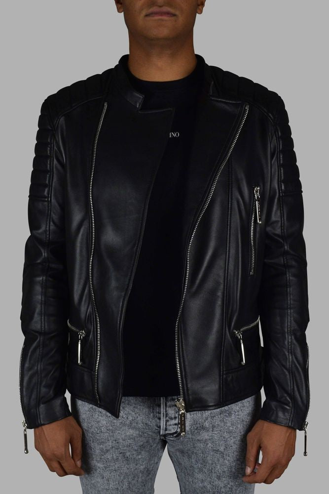 Philipp Plein Quilted Black Leather Biker Jacket