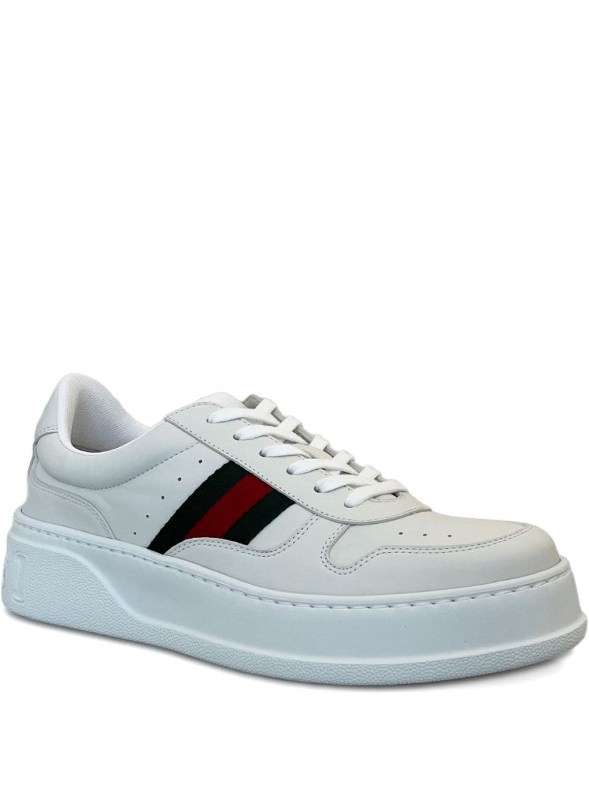 Gucci White Calfskin Stripe Accent Lace-Up Sneakers