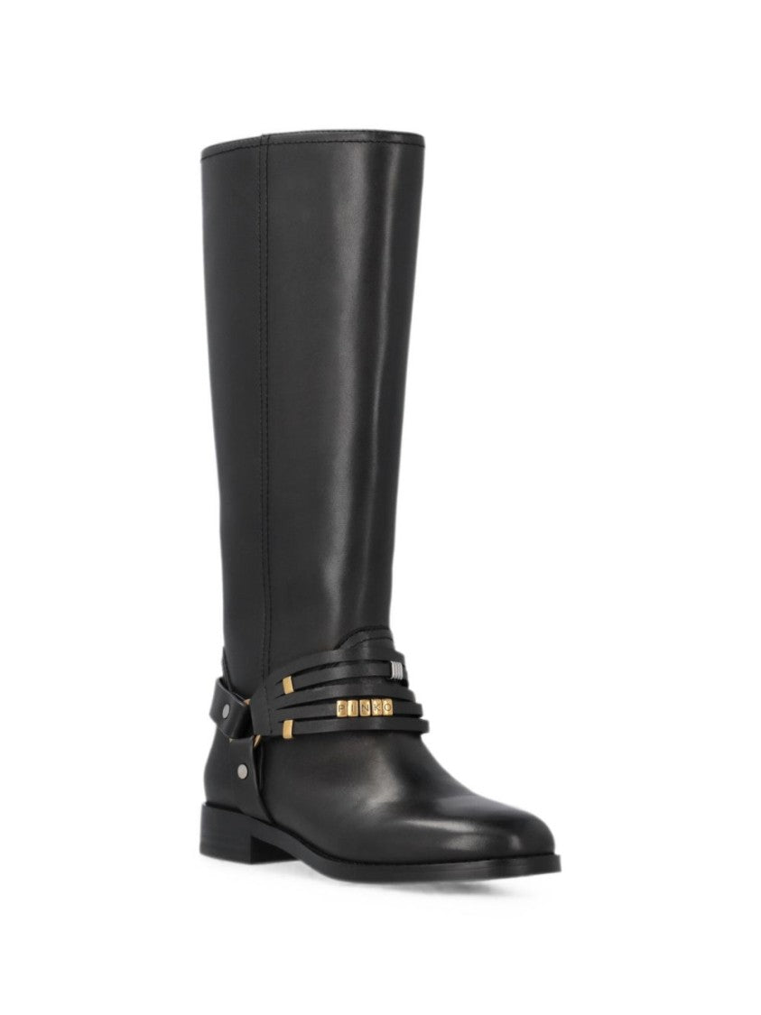 Pinko Black Mid-Calf Decorative Straps Boots