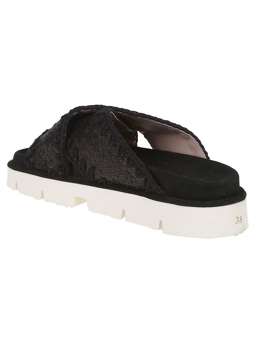 Mou Black Leather Sandals With Textured Upper
