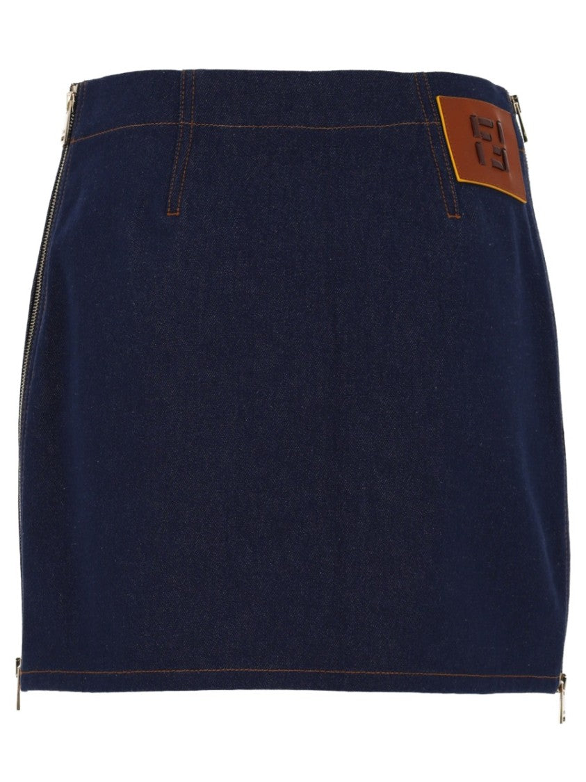 Fendi Mini Denim Skirt With Contrast Stitching And Leather Patch
