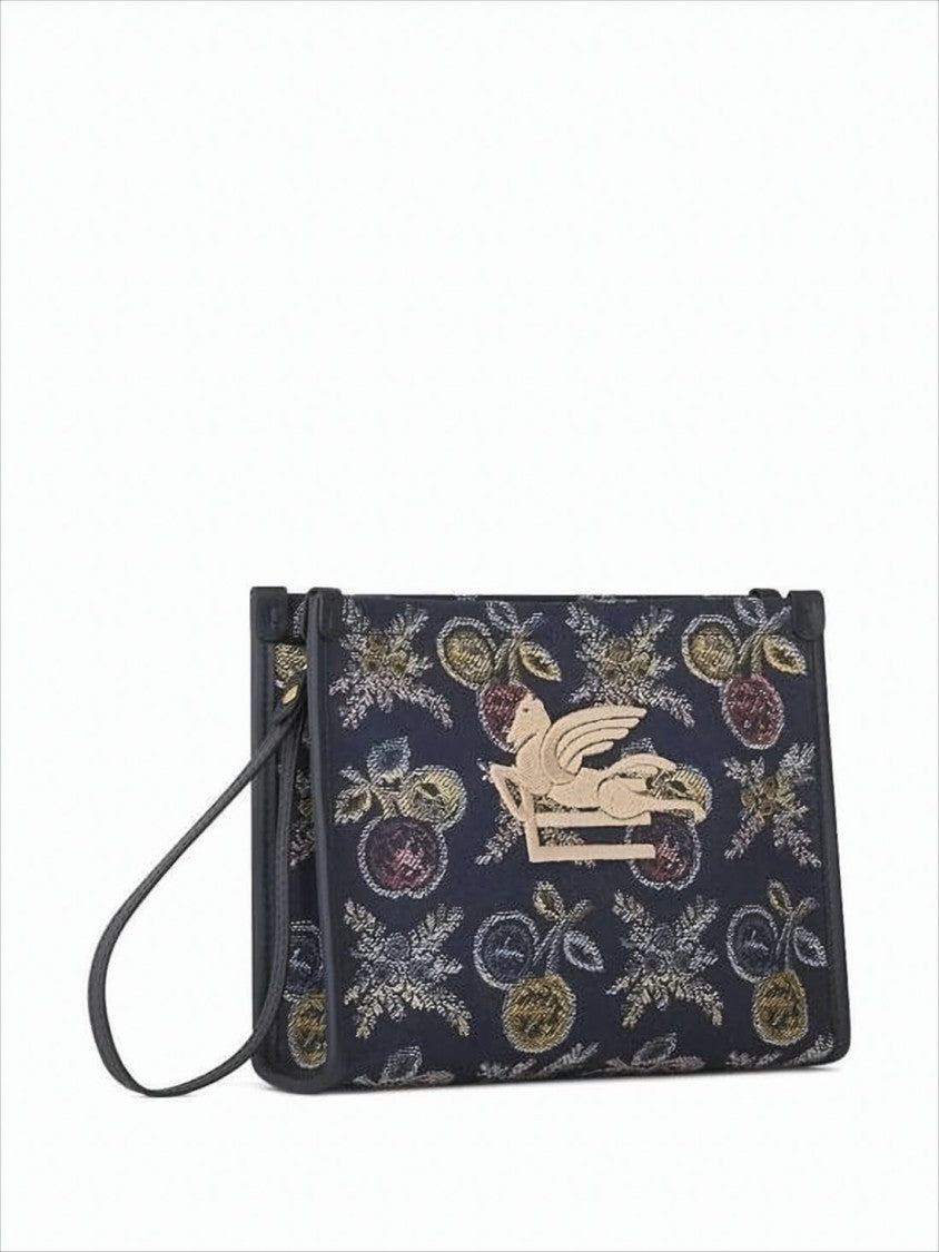 Etro Rectangular Blue Clutch With Multicolored Embroidery