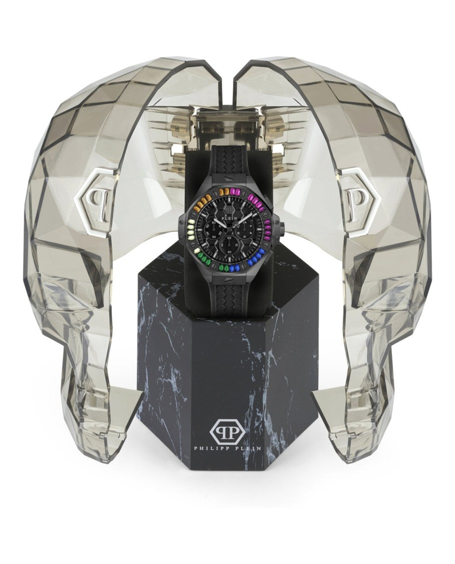 Philipp Plein Chronograph Quartz Silicone Watch With Black Guilloche Dial