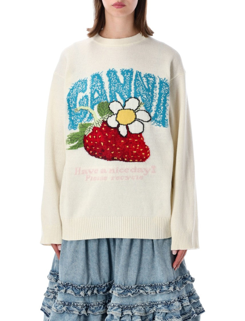 Ganni Relaxed Fit Knit Sweater With Playful Strawberry Graphic