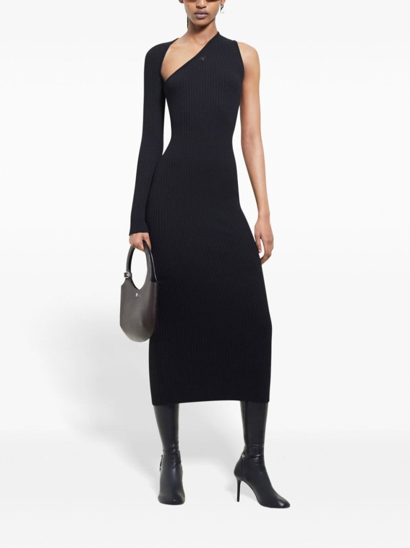 Courrèges Asymmetric Black Ribbed Midi Dress