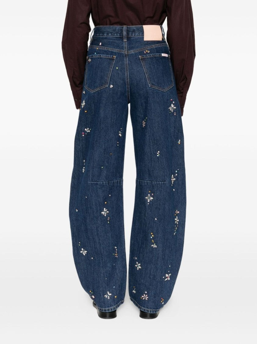 Self-Portrait Relaxed Wide-Leg Jeans With Floral Embellishments