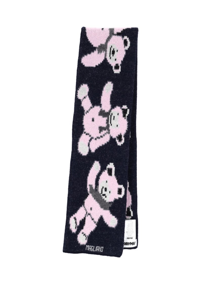 Magliano Knitted Navy Scarf With Playful Teddy Bear Pattern