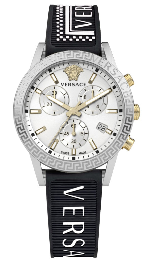 Versace Chronograph Timepiece With Engraved Greek Key Detail And Black Silicone Strap