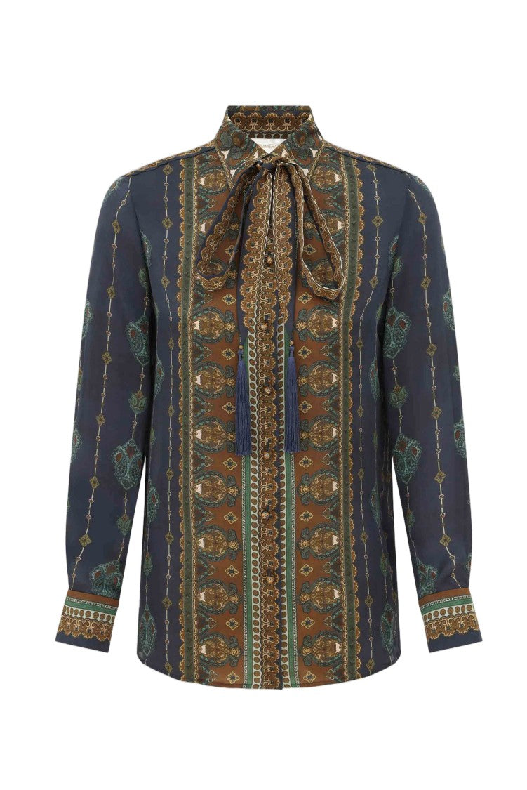 Zimmermann Paisley Print Bow Scarf Collar Silk Shirt
