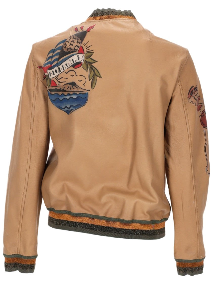 Mr & Mrs Italy Cropped Leather Jacket With Colorful Graphic Patches