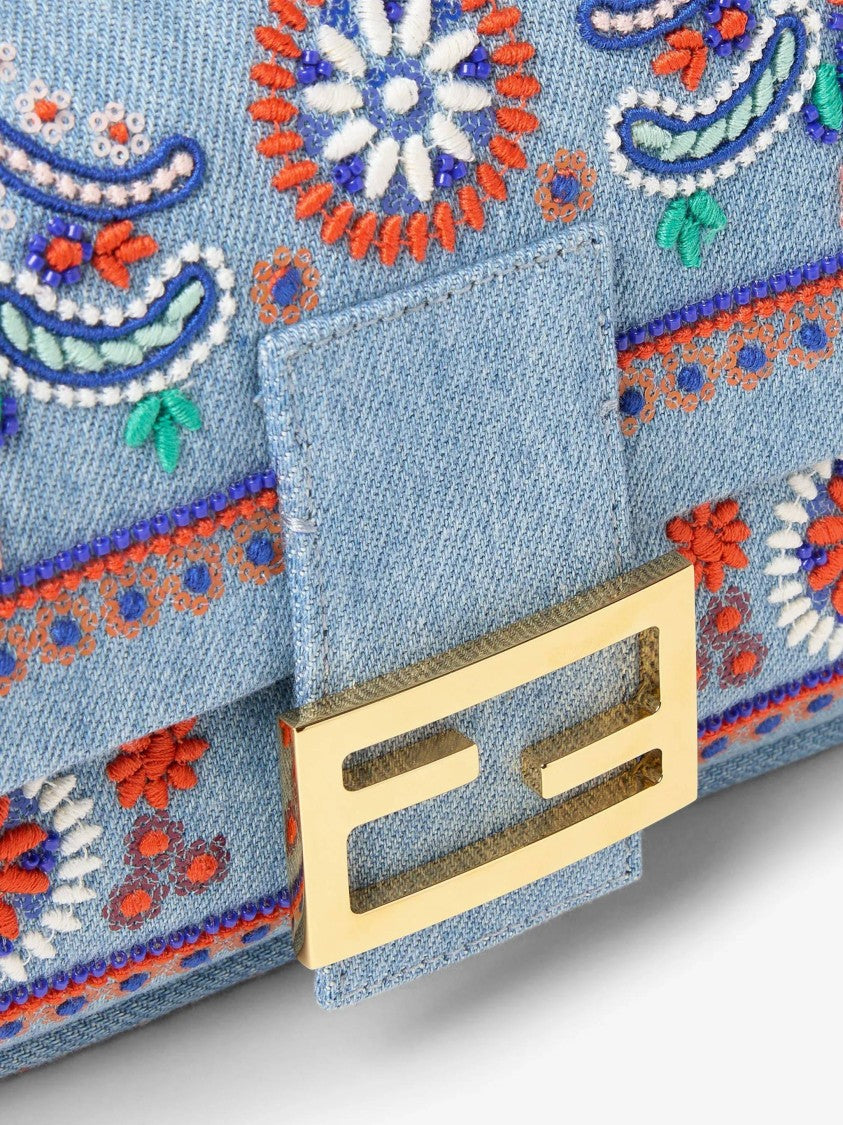 Fendi Rectangular Denim Baguette Bag With Floral Embroidery And Gold Accents