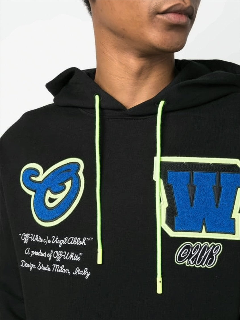 Off-White Black Cotton Hoodie With Neon Accents And Embroidered Details