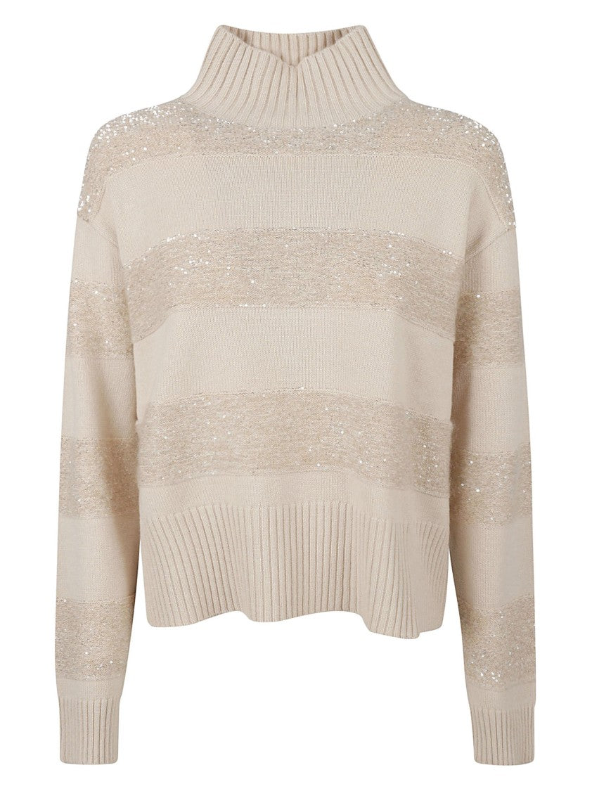 Brunello Cucinelli High-Neck Knit Sweater With Textured Stripes